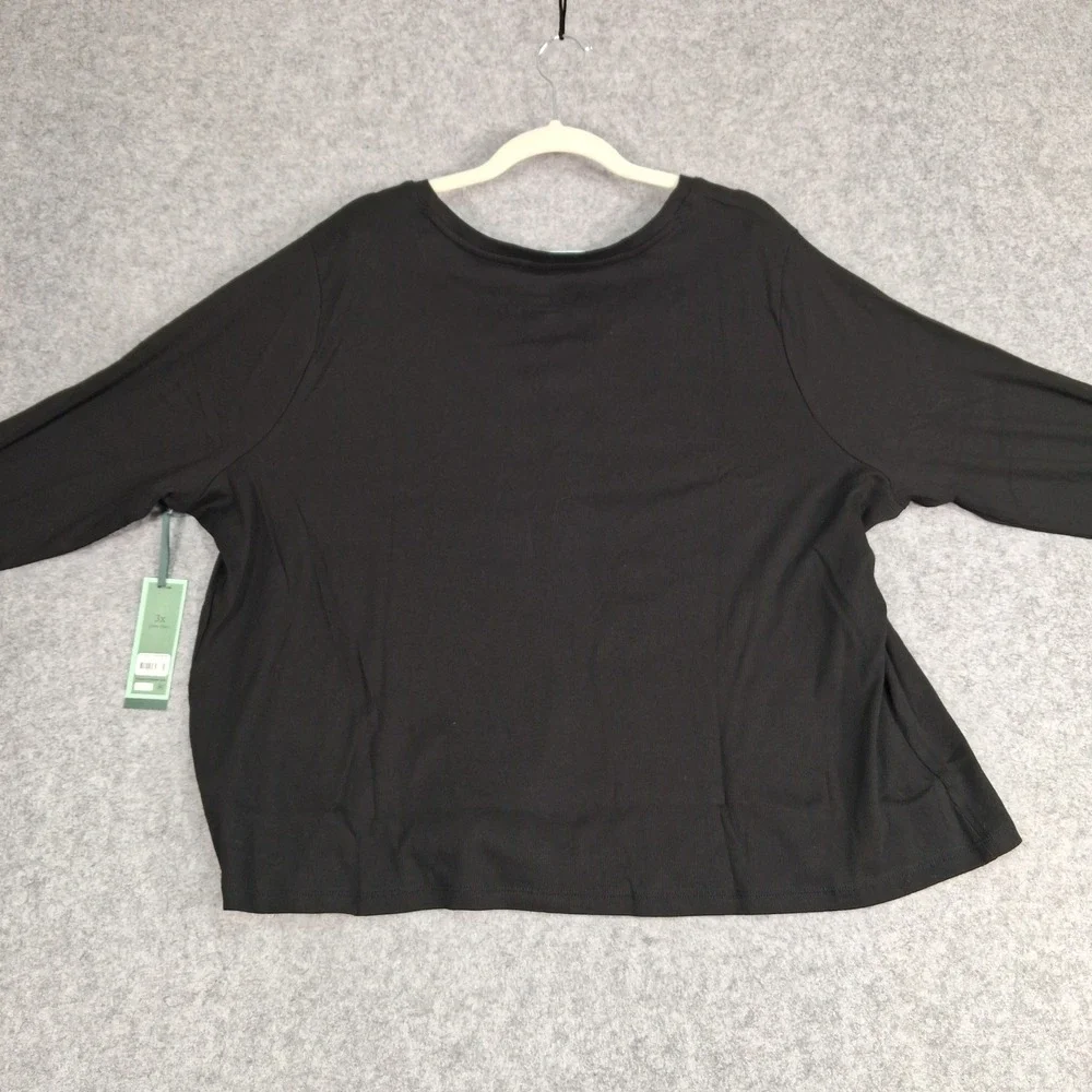 Terra & Sky Ribbed Notch Neck Tee Womens 3X Black Long Sleeve Plus Size Top